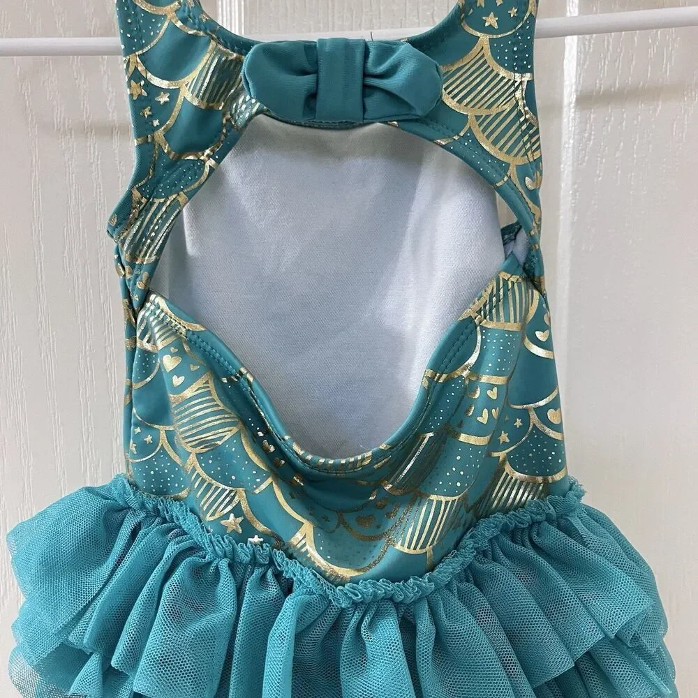 Cat & Jack Teal and Gold Mermaid Tulle Tutu One Piece Swimsuit Girls 12 Months